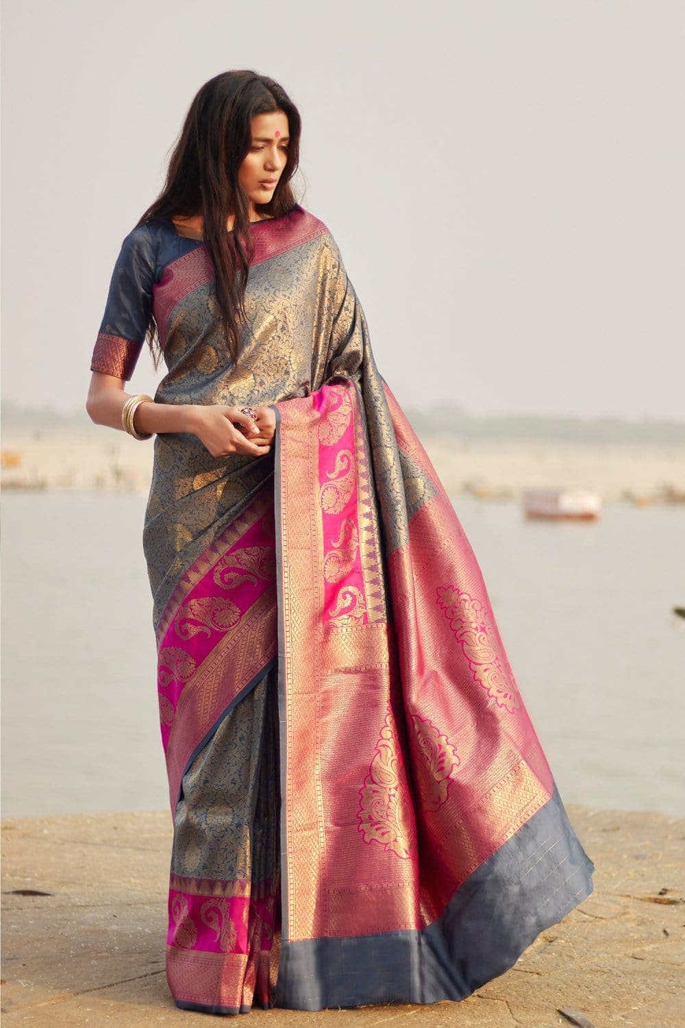 Grey pink woven Banarasi Kataan saree - Buy online on Karagiri - Free shipping to USA