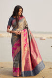 Grey pink woven Banarasi Kataan saree - Buy online on Karagiri - Free shipping to USA