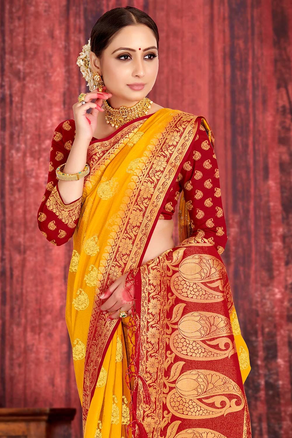 Honey Yellow Zari Butta Saree