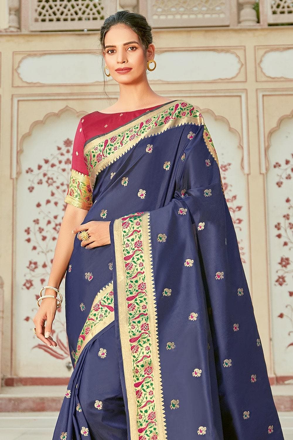 Indigo Block Printed Border South Cotton Saree, 40% OFF