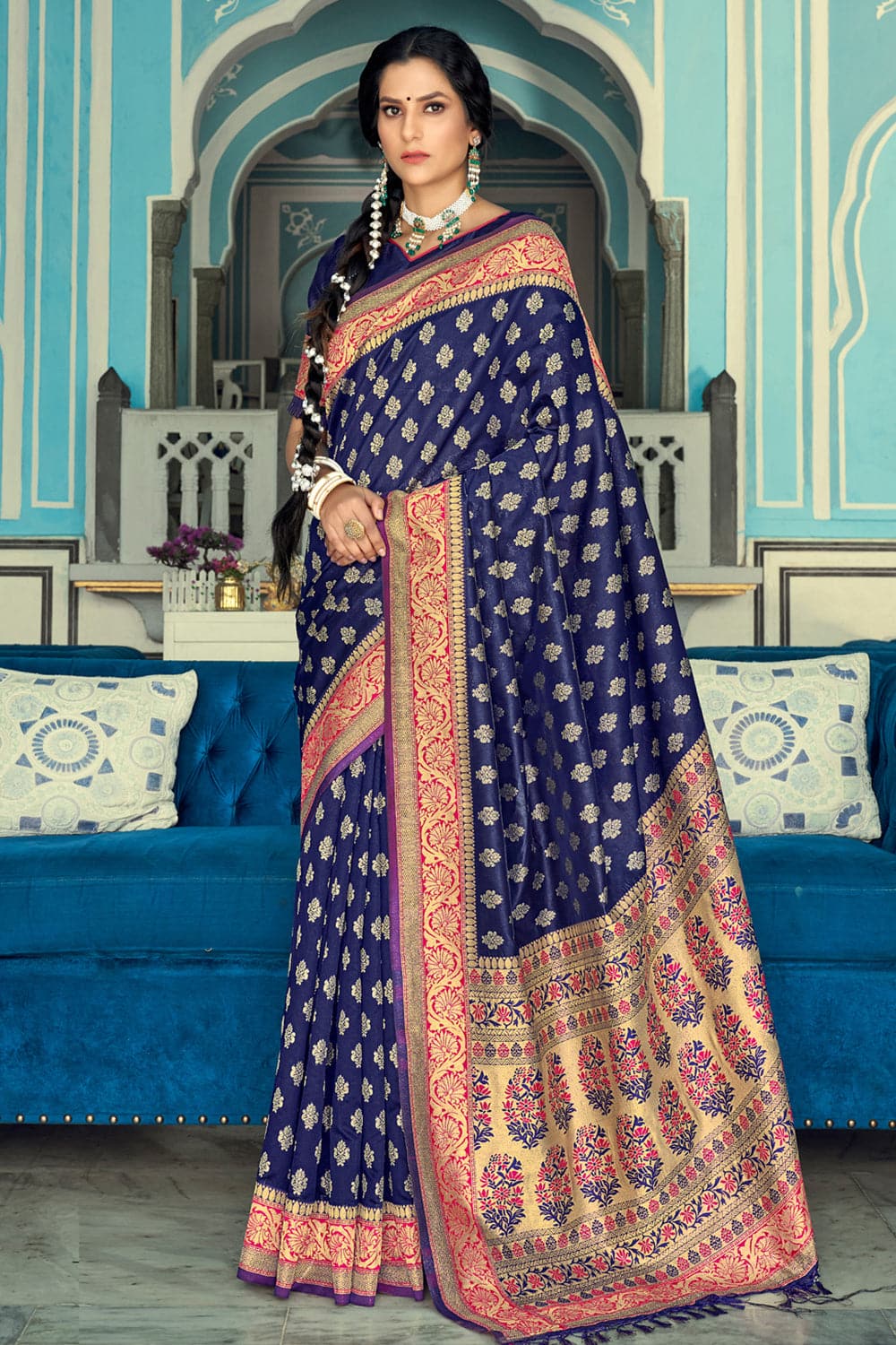 Peacock Blue Booti Crepe Silk Handloom Banarasi Saree - Sacred Weaves