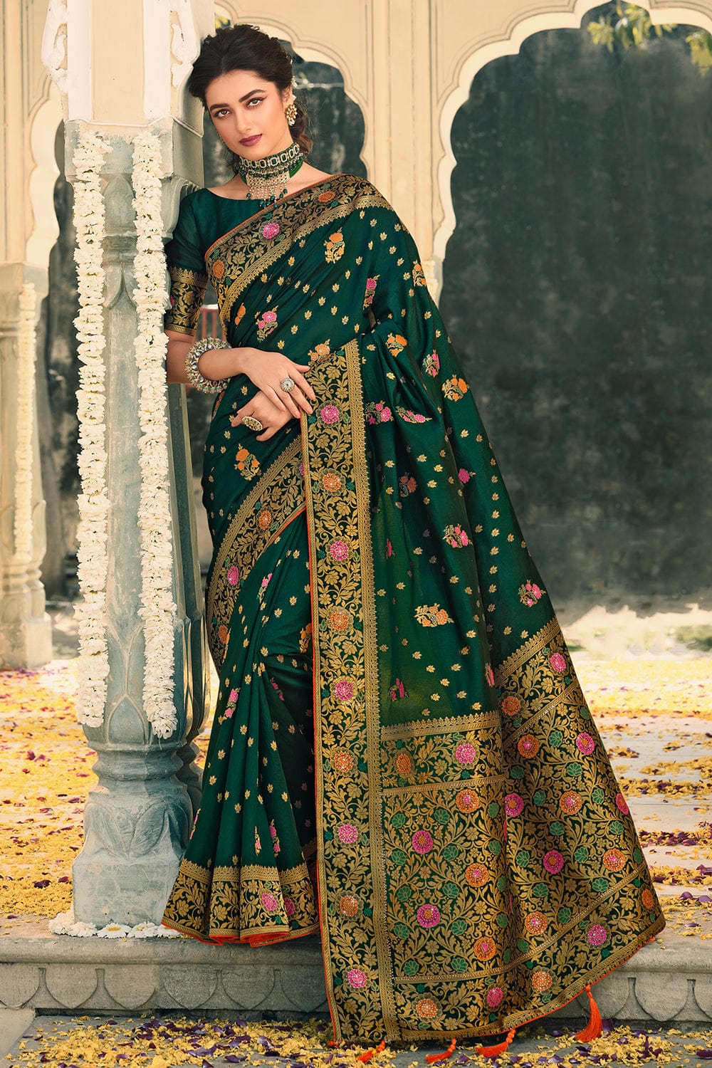 Dark Green Silk Banarasi Saree | Leemboodi