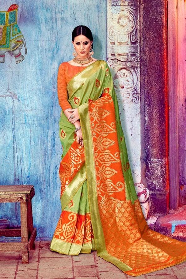 Lemon Green Woven Banarasi Silk Saree - Urban Womania