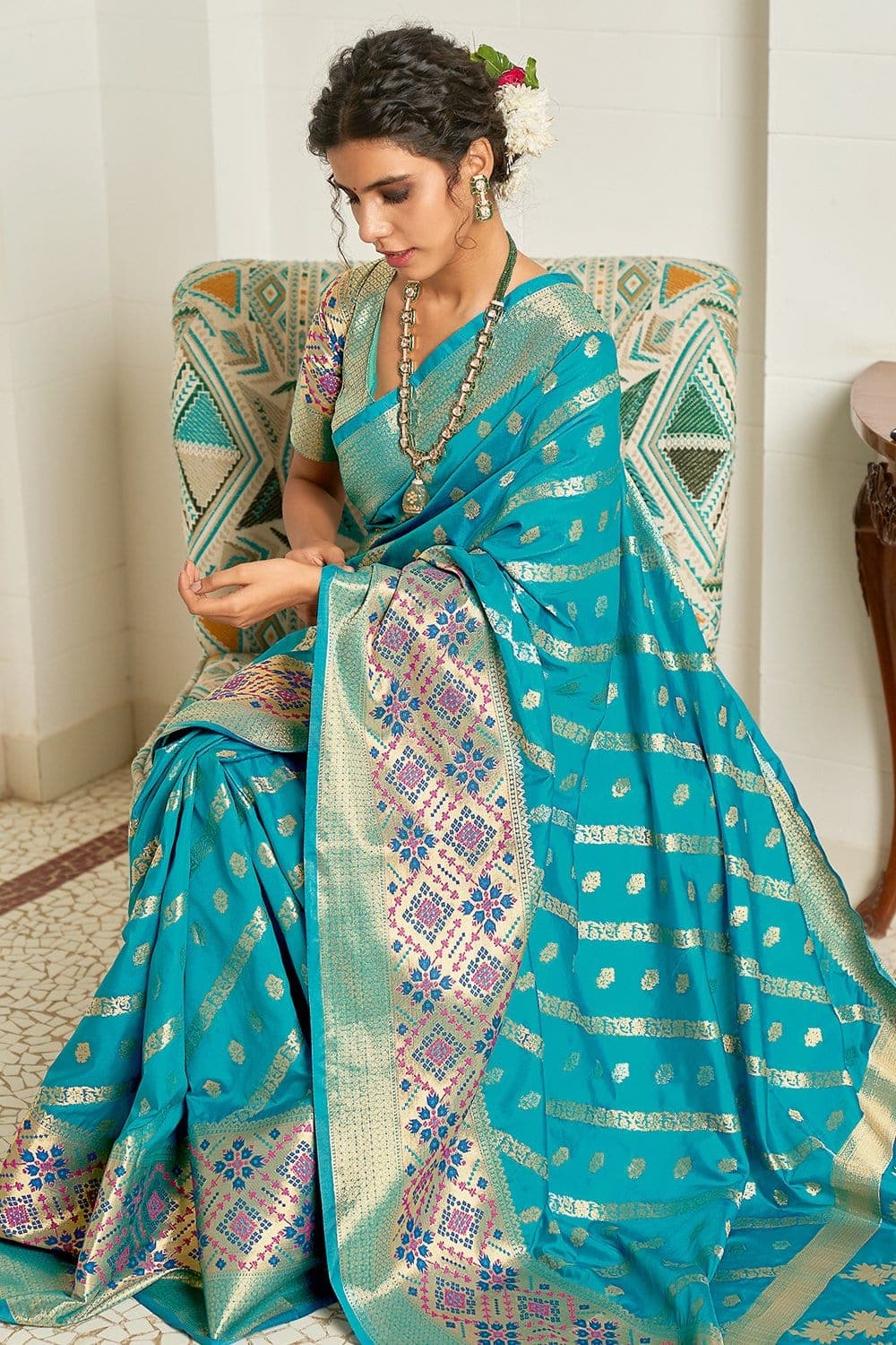 Petrol Blue Banarasi Georgette Saree – Roopkala Heritage