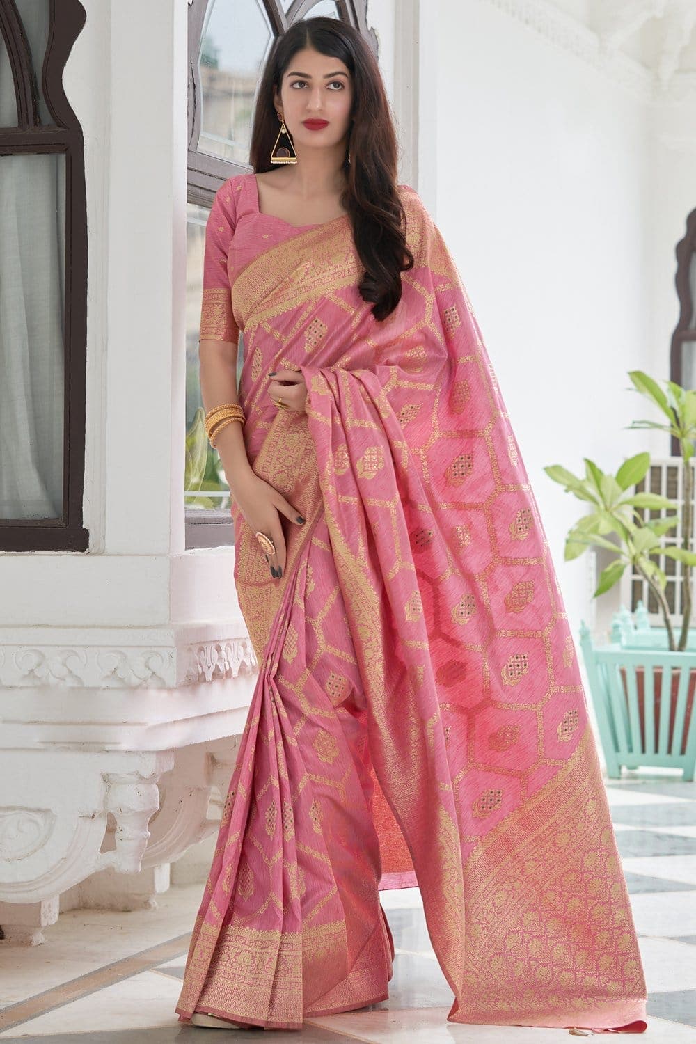 Buy Sariya Woven Banarasi Jacquard, Silk Blend Pink Sarees Online @ Best  Price In India | Flipkart.com