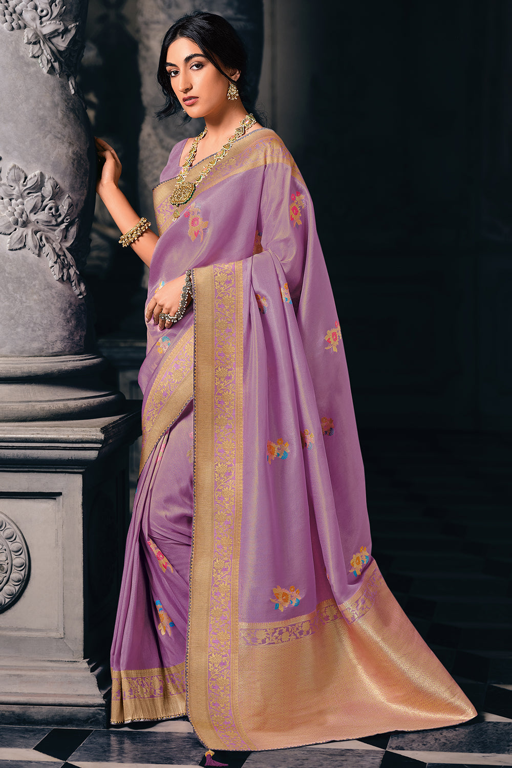 Buy Lavender Pink Saree In Organza With Lurex Stripes And Gotta Patti Border  Along With Unstitched Blouse KALKI Fashion India