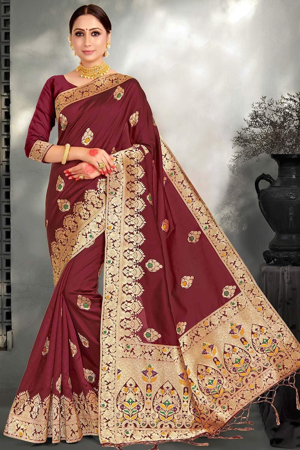 Banarasi Saree Mahogany Red Zari Woven Banarasi Cotton Saree saree online