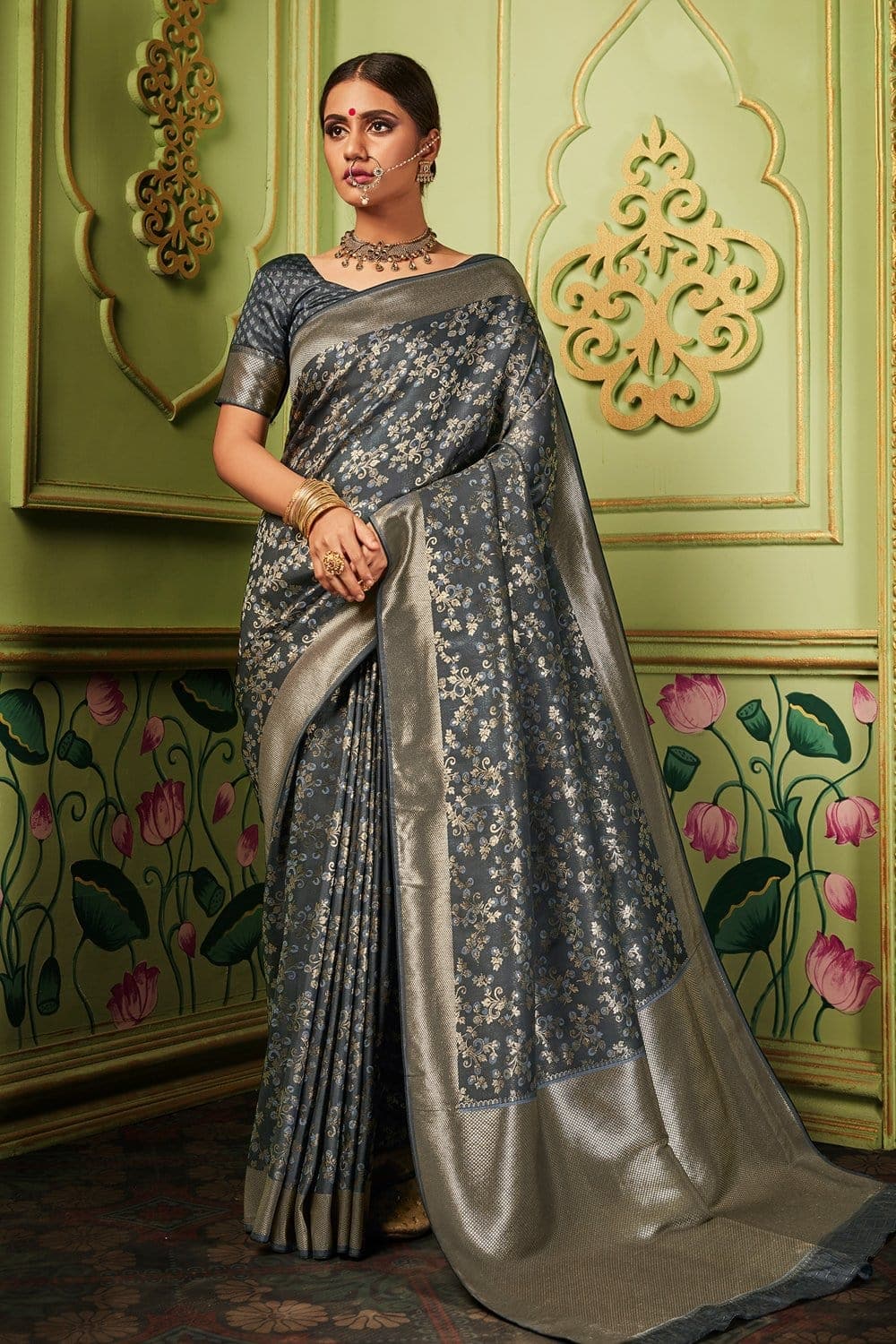 Ship Grey Zari Woven Banarasi Saree – MySilkLove