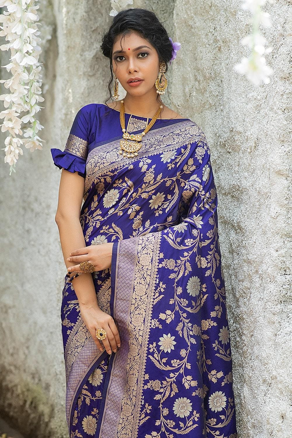 Pleasant Navy Blue Banarasi Silk Saree With Assemblage Blouse Piece –  LajreeDesigner
