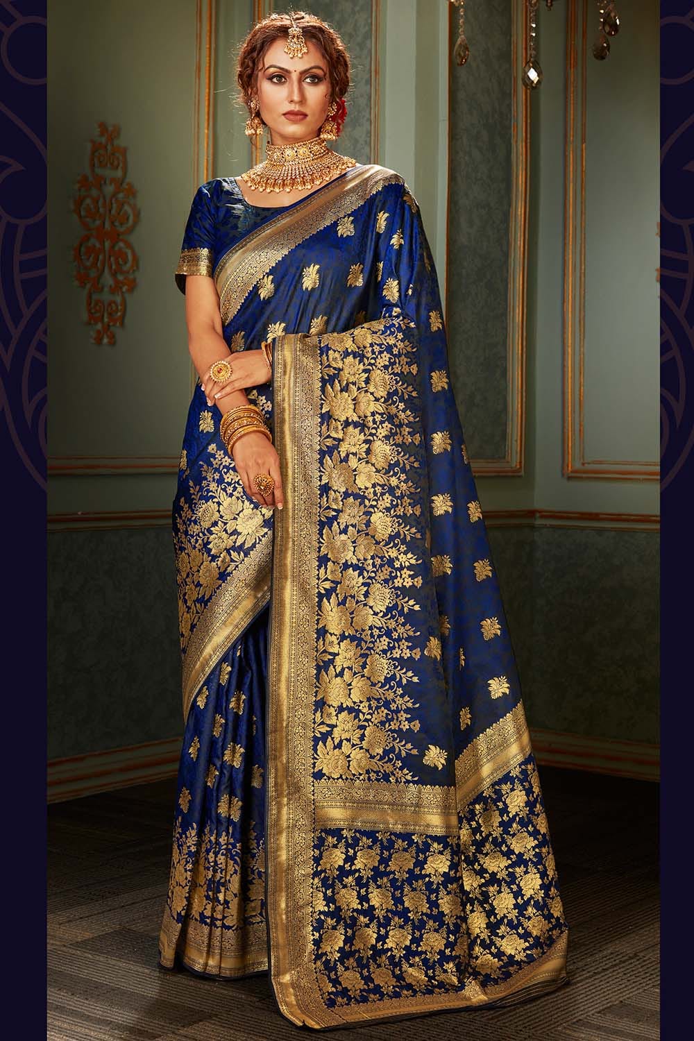 Navy Blue Zari Woven Banarasi Saree