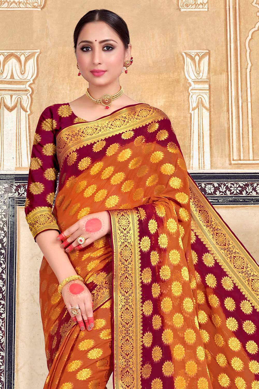 Orange And Brown Zari Butta Banarasi Saree