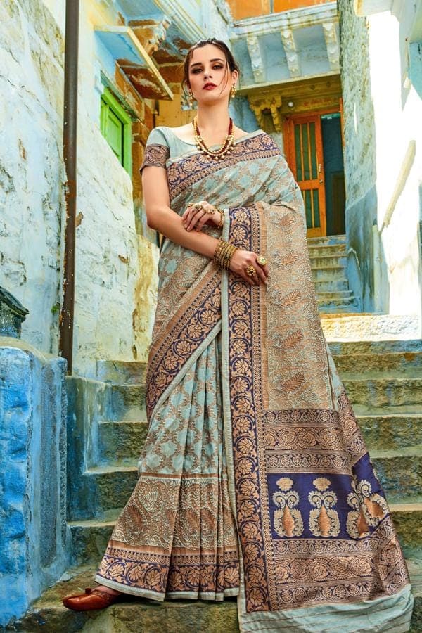 Pastel blue golden woven Banarasi Brocadesilk Saree - Buy online on Karagiri - Free shipping to USA