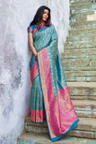 Pastel blue pink woven Banarasi Kataan saree - Buy online on Karagiri - Free shipping to USA