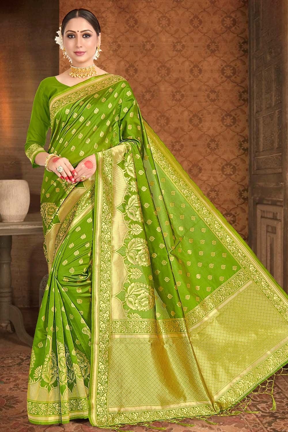 Parrot Green Woven Work Banarasi Silk Saree