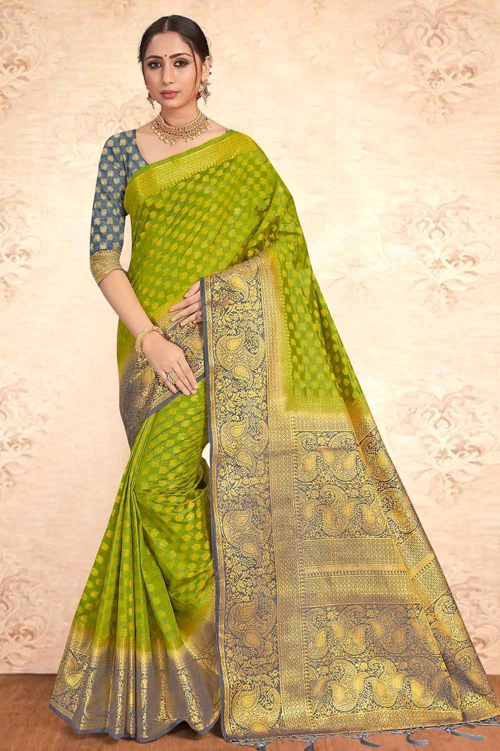 Pear Green Zari Butta Banarasi Saree