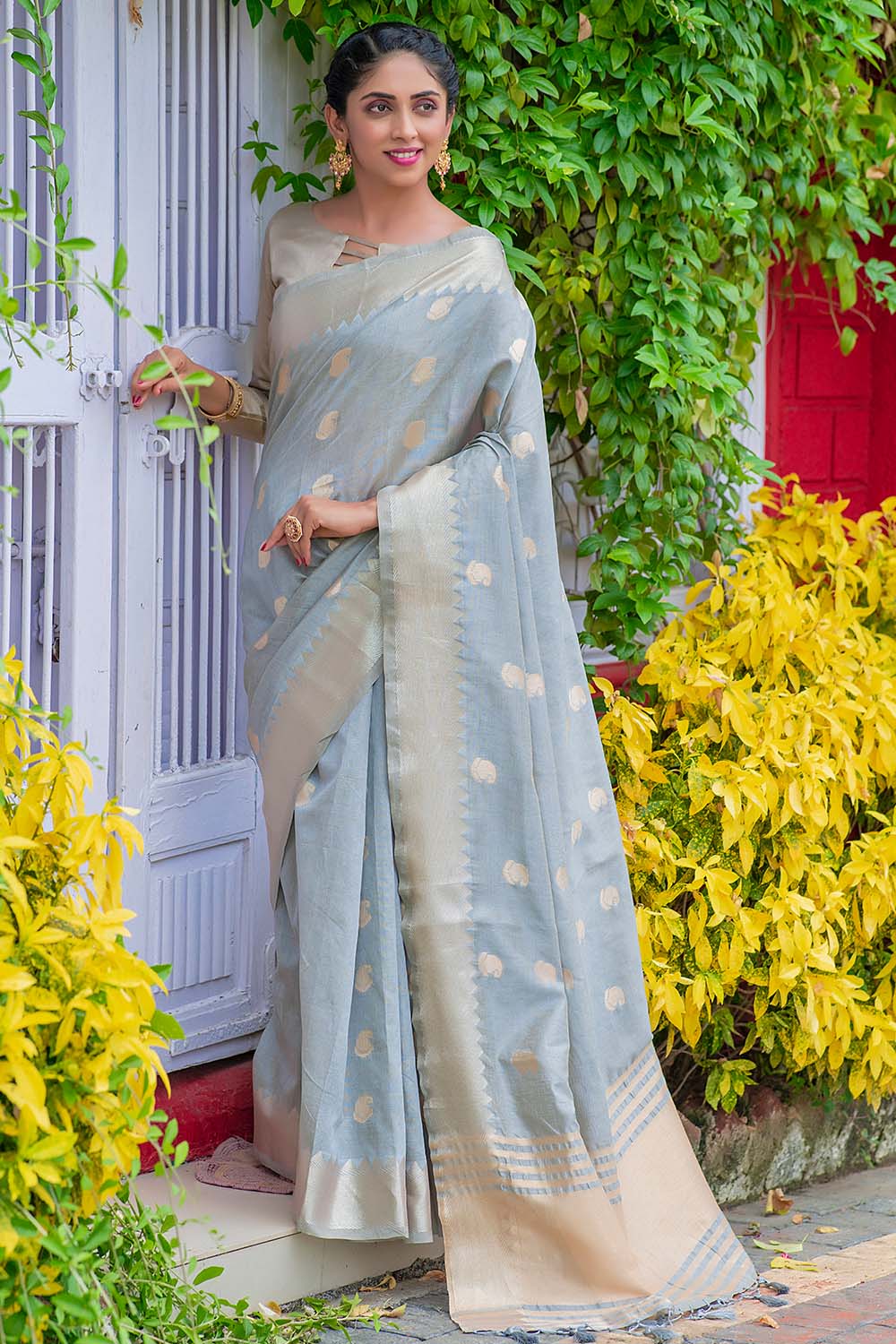 Bondi Blue Woven Soft Silk Banarasi Saree - Urban Womania