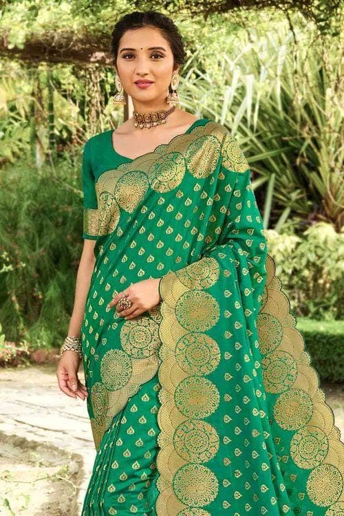 Pine Green Zari Butta Banarasi Saree