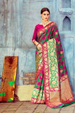 Pink & green checkered Banarasi Brocade silk Saree - Buy online on Karagiri - Free shipping to USA