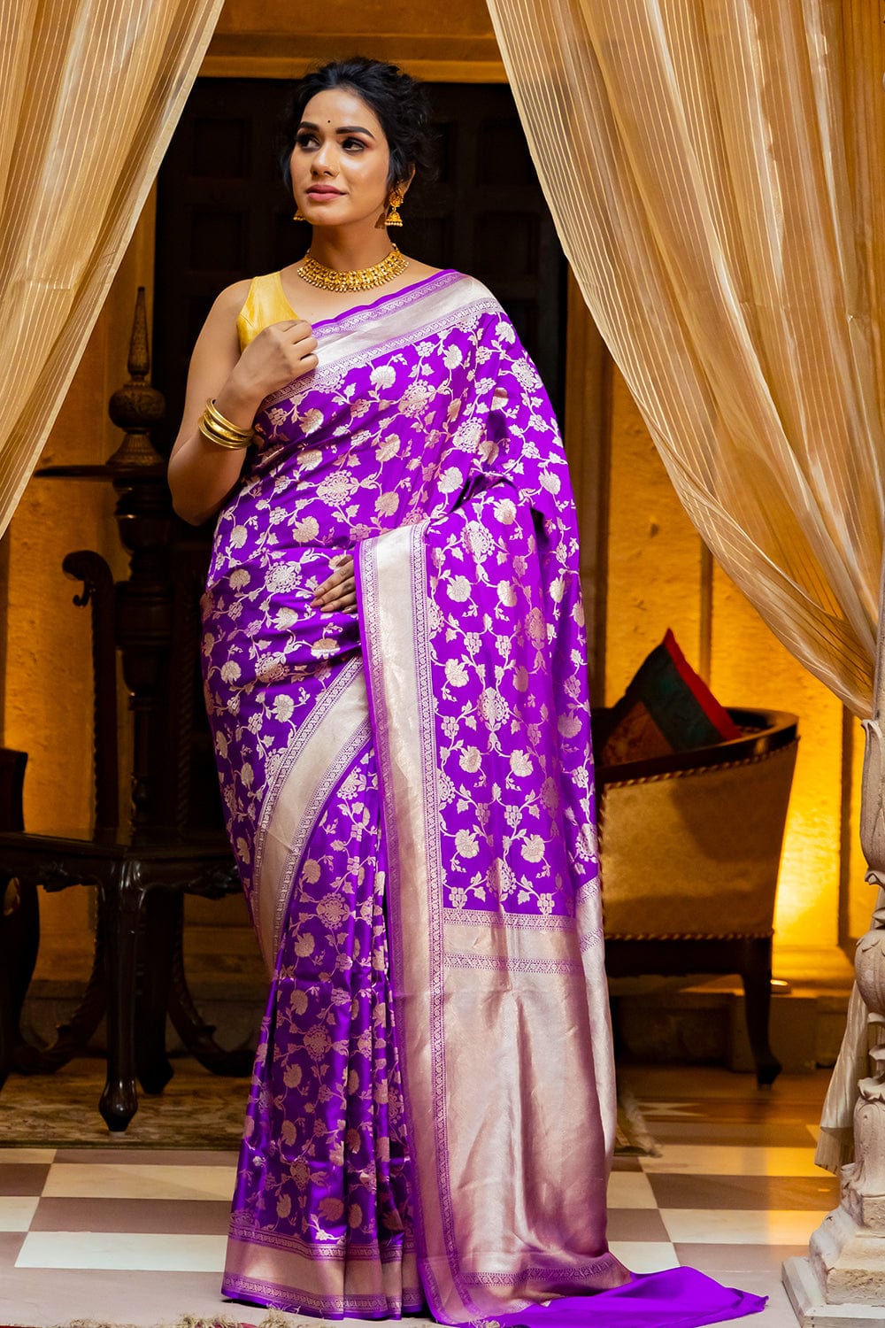 Shop Purple Mangalgiri Saree Online in USA| Yellow Border and Pallu – Pure  Elegance