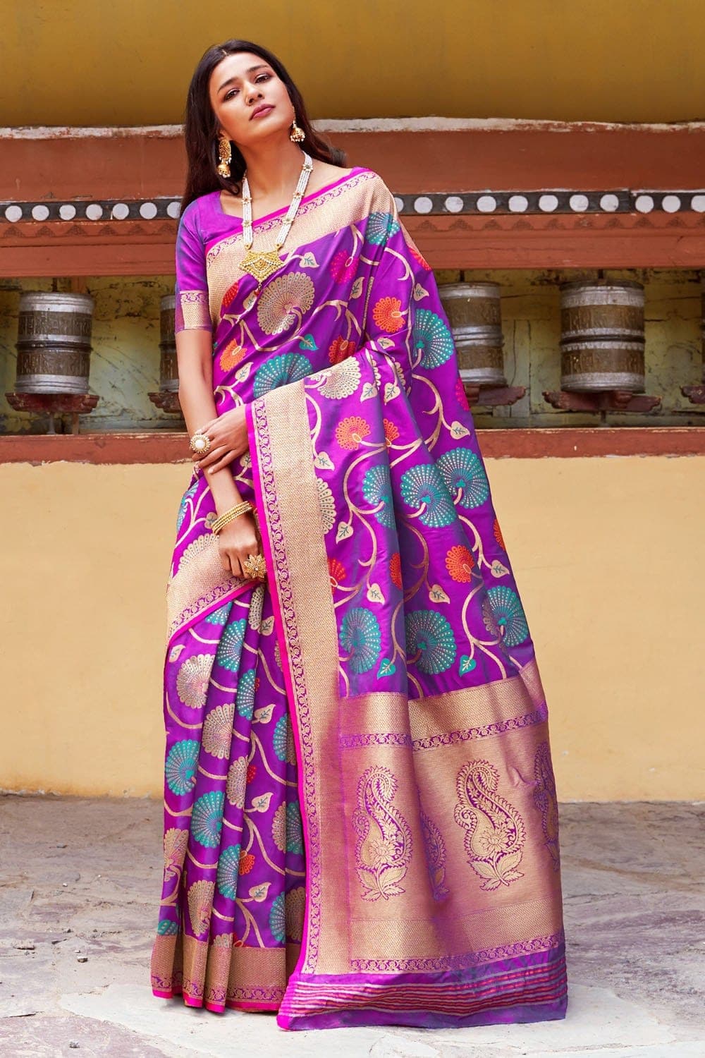 Purple floral woven bananasi brocade saree - Buy online on Karagiri - Free shipping to USA