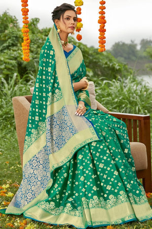 Buy green designer banarasi saree online on Karagiri | SALE