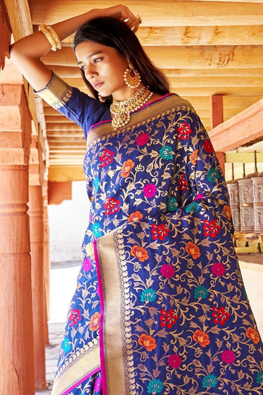 Banarasi Saree Royal Blue Floral Woven Bananasi Brocade Saree saree online
