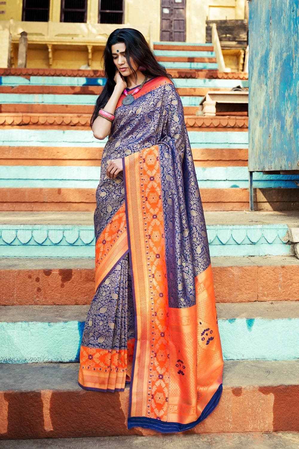 Royal blue woven Banarasi Kataan saree - Buy online on Karagiri - Free shipping to USA