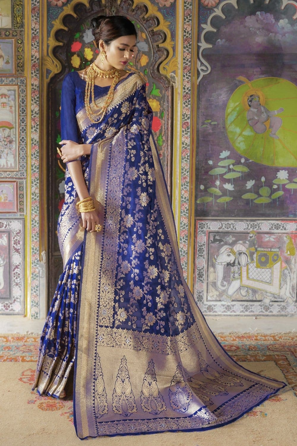 Royal blue zari woven banarasi brocade Saree - Buy online on Karagiri - Free shipping to USA