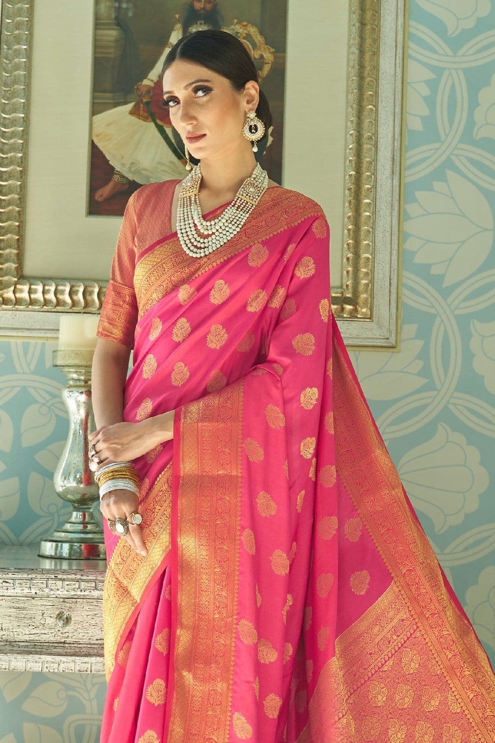 Banarasi Saree Ruby Pink Zari Butta Woven Banarasi Saree saree online