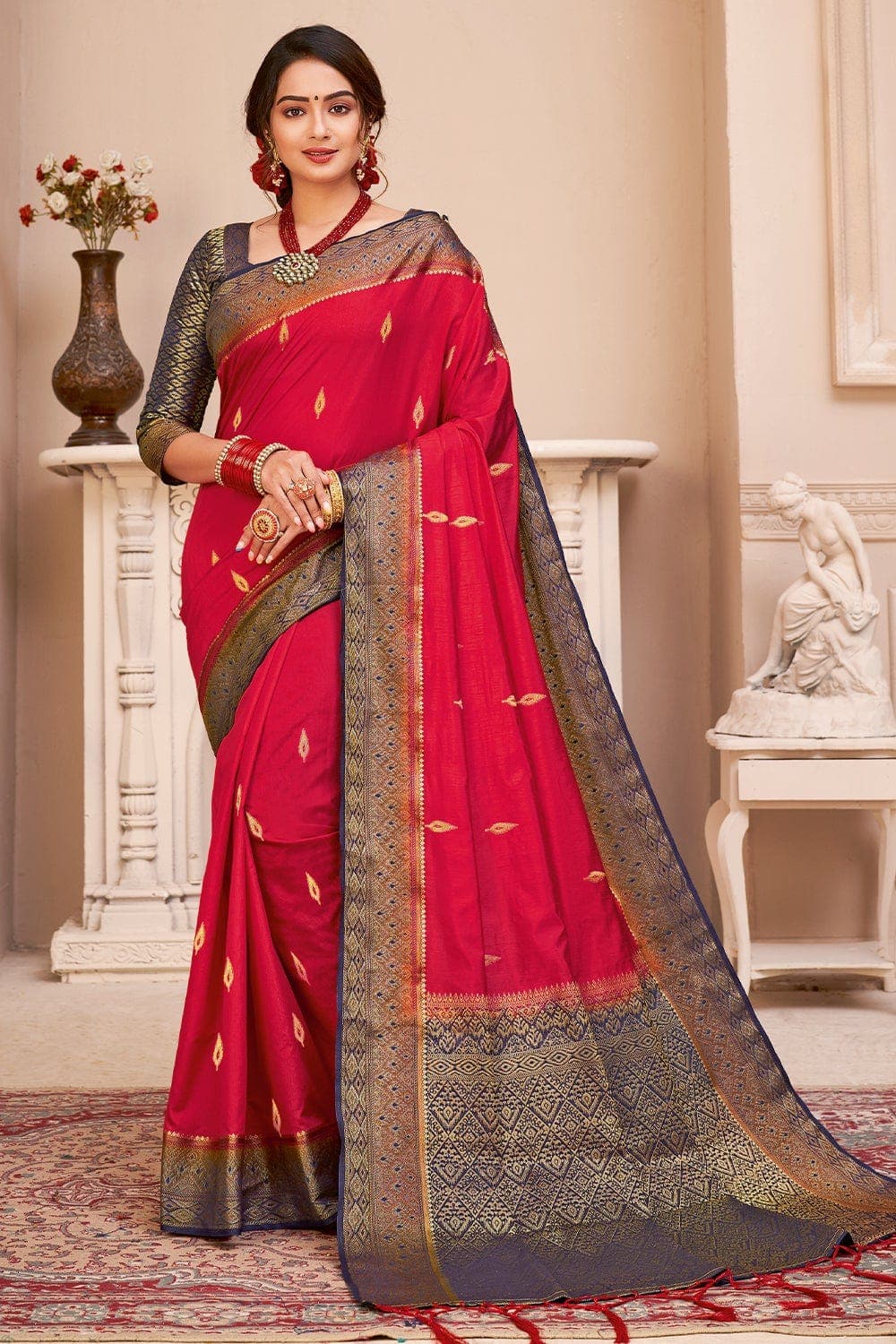 Buy Swtantra Ruby Red Chiffon Saree with Unstitched Blouse online