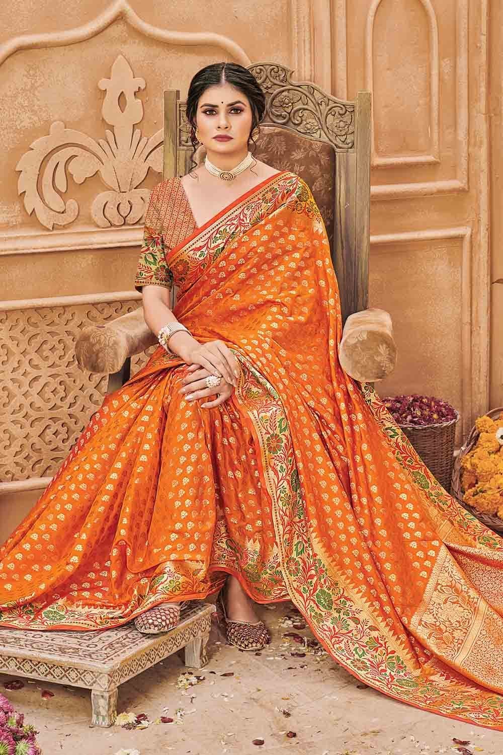 Buy Bright Orange Banarasi Saree online-Karagiri