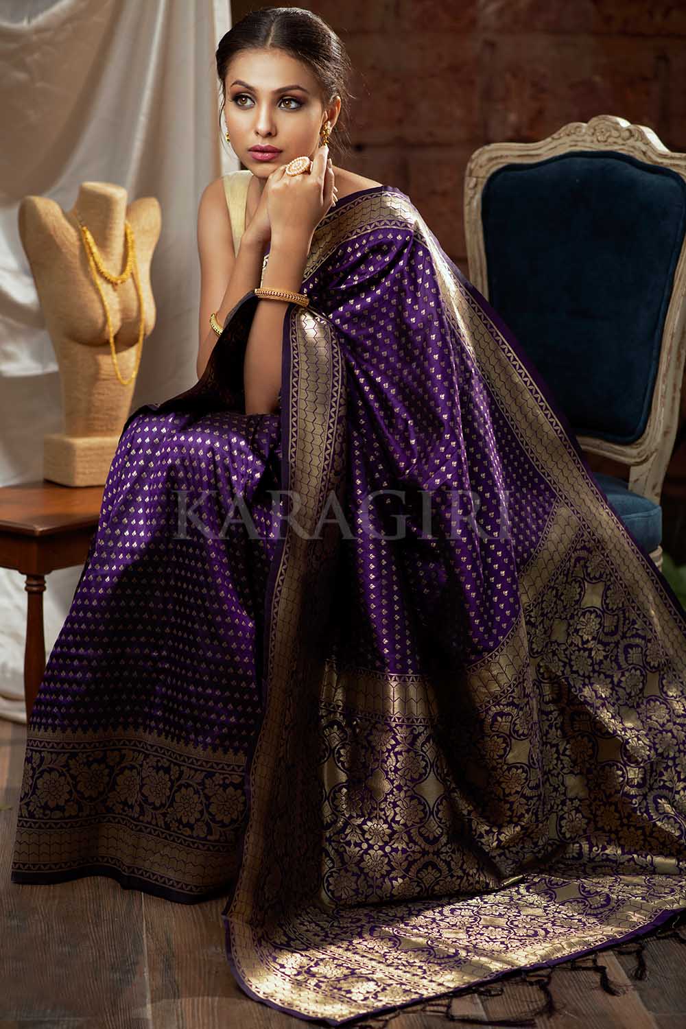 Soft Muslin Silk Banarasi Saree in Dark Purple, Red, Golden and Silver –  Bengal Looms India