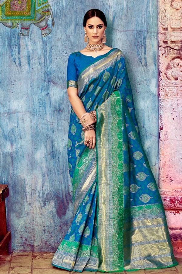 Sapphire blue Banarasi Brocade silk Saree - Buy online on Karagiri - Free shipping to USA