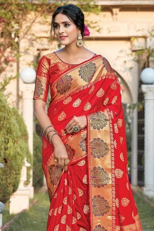 Scarlet Red Leaf Butta Banarasi Saree