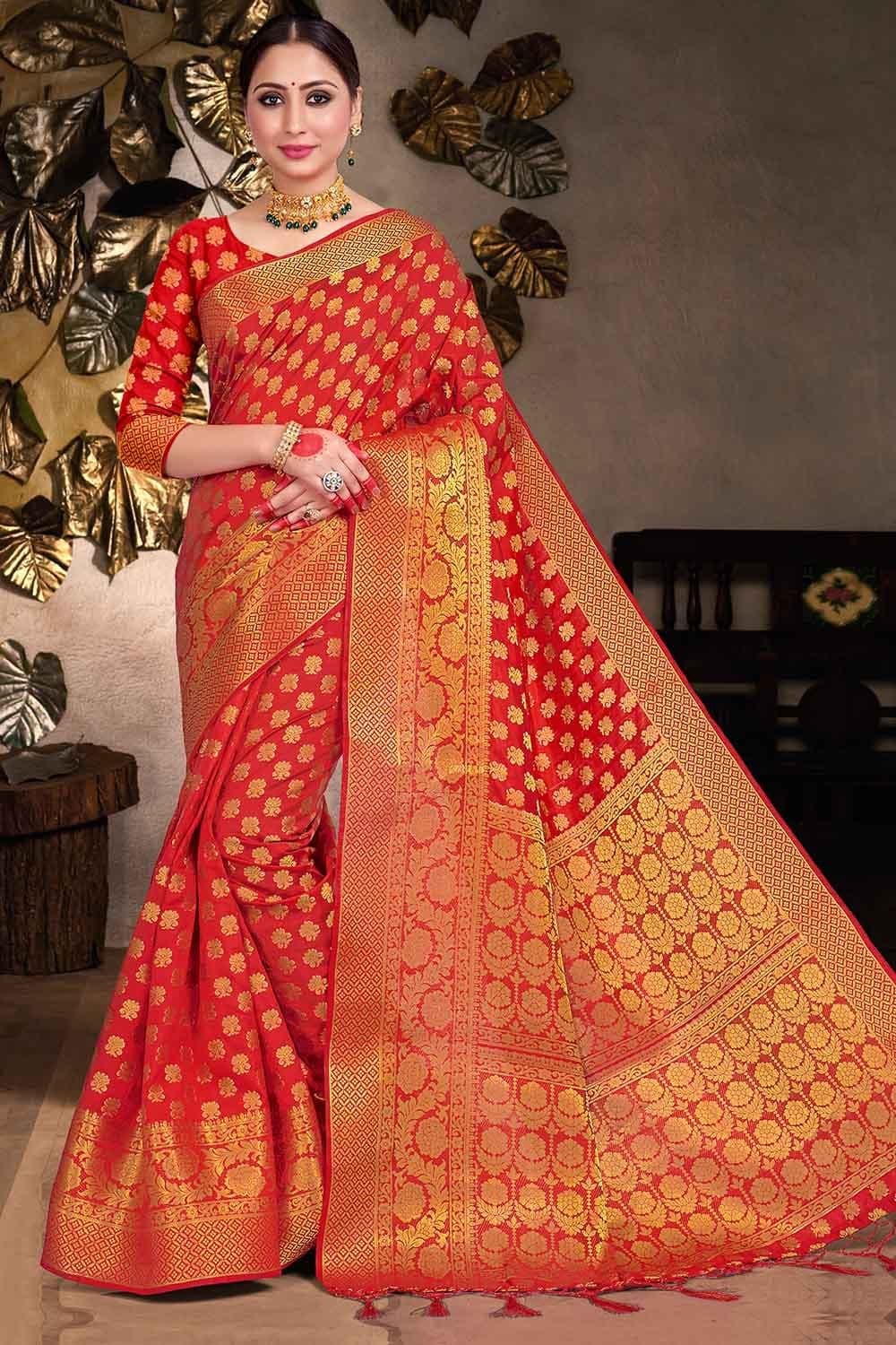 Scarlet Red Zari Butta Banarasi Saree