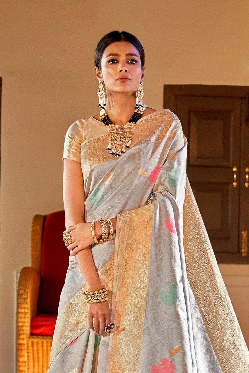 Silver Woven Banarasi Brocade Saree