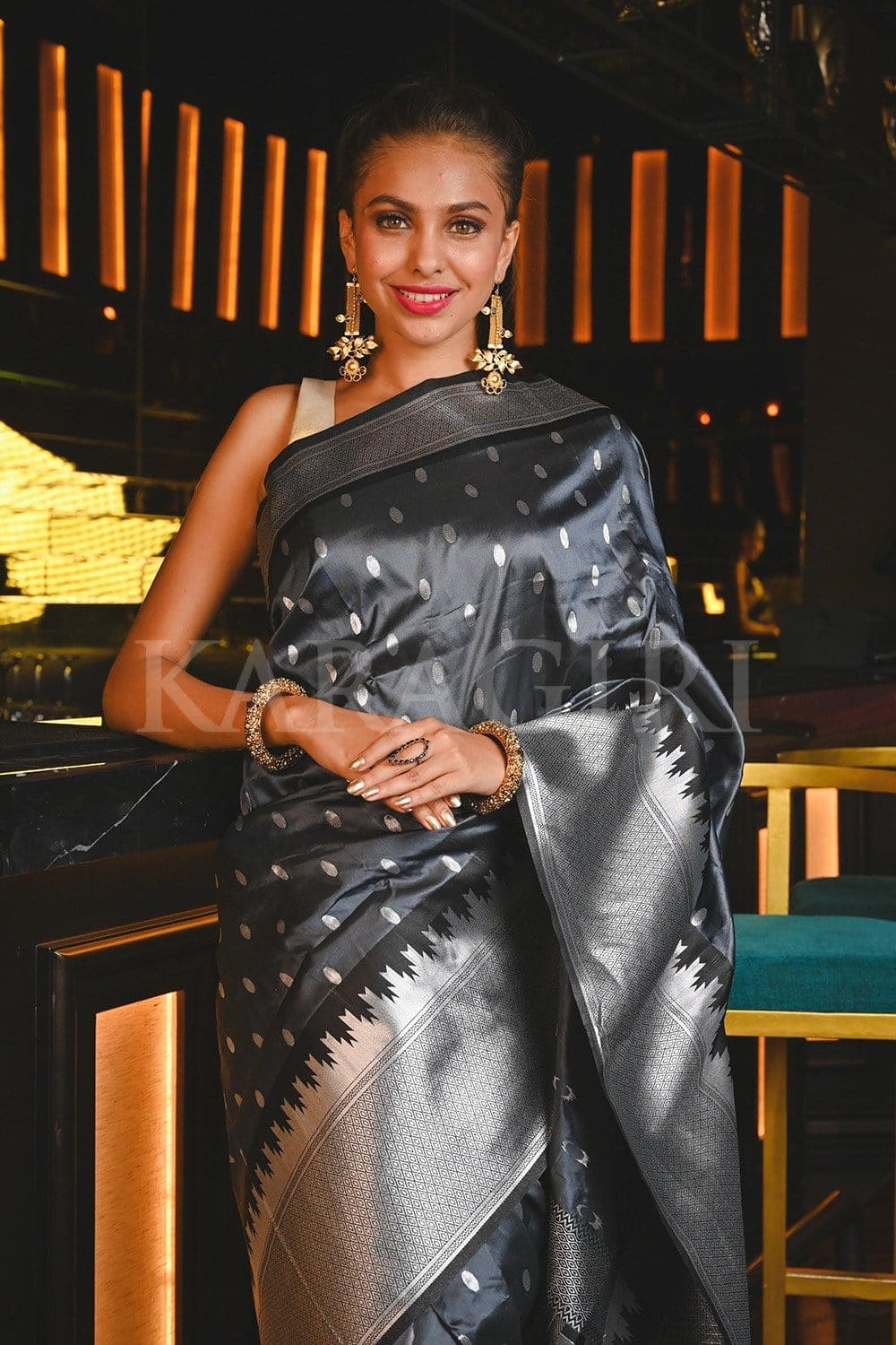 Slate Grey Small Butta Woven Banarasi Saree