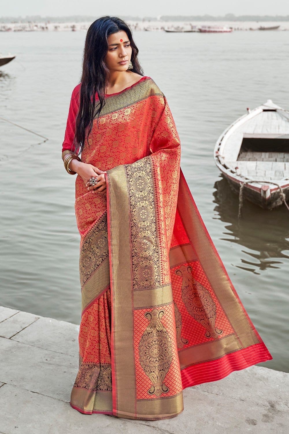 Soft red woven Banarasi Kataan saree - Buy online on Karagiri - Free shipping to USA