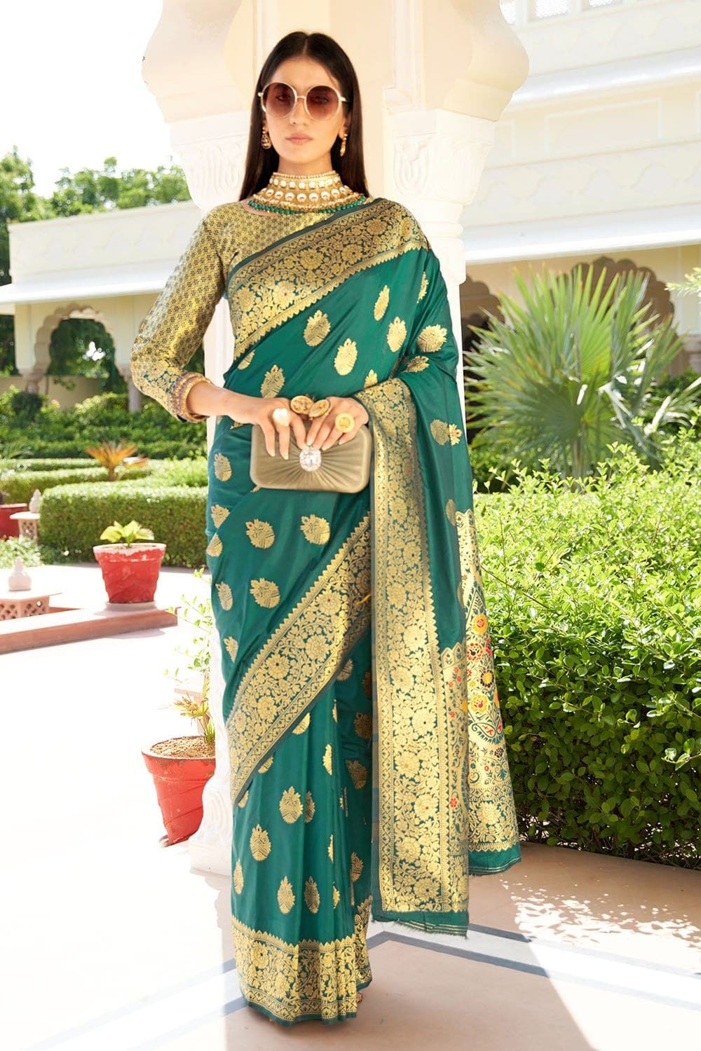 Wedding Wear Woven Zari Banarasi Silk Peacock Green Saree|SARV119318