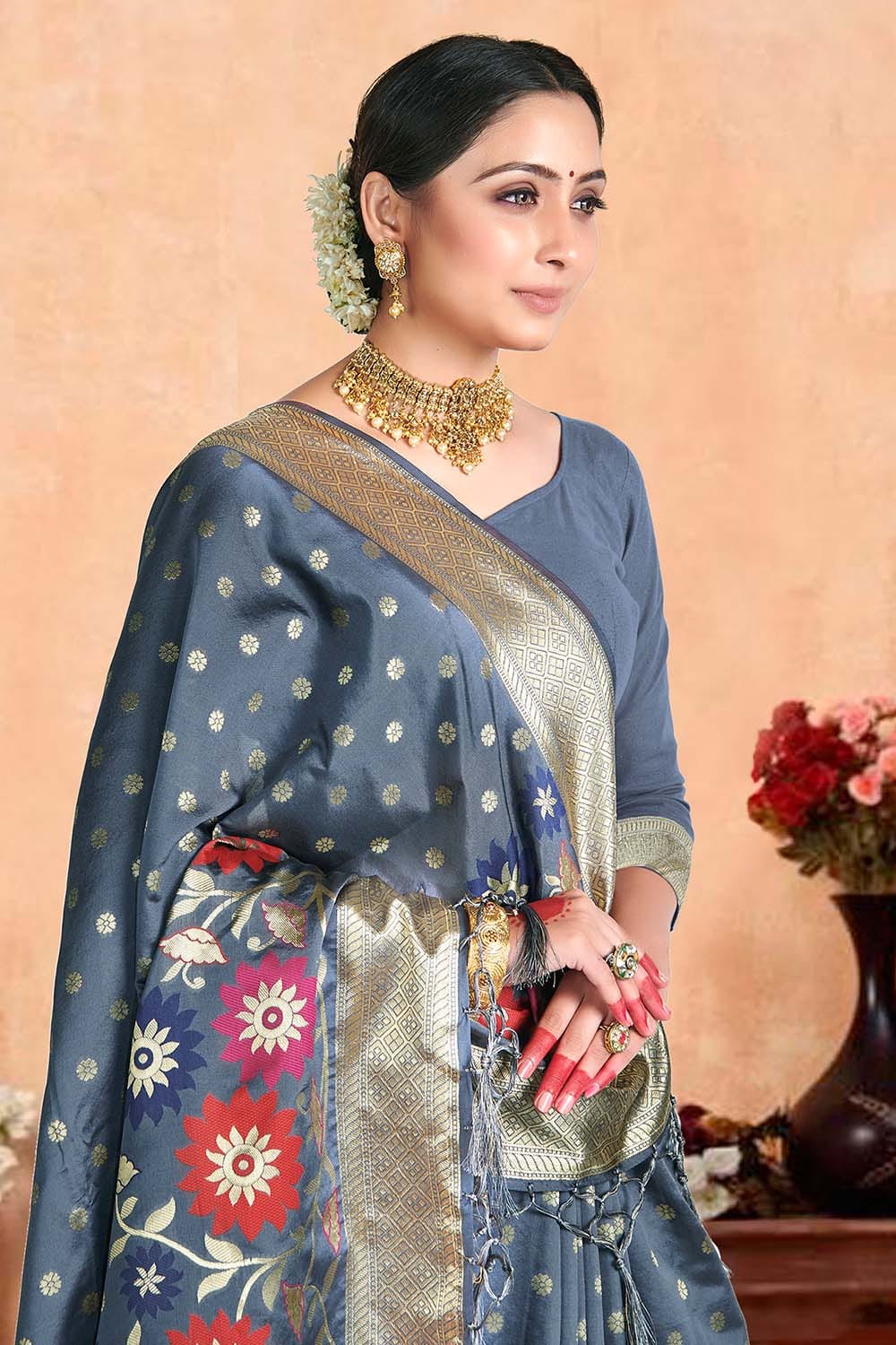 Stone Blue Banarasi Saree