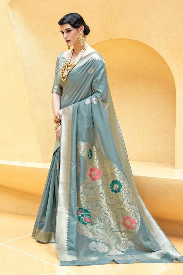Stylish blue Banarasi brocade silk Saree - Buy online on Karagiri - Free shipping to USA