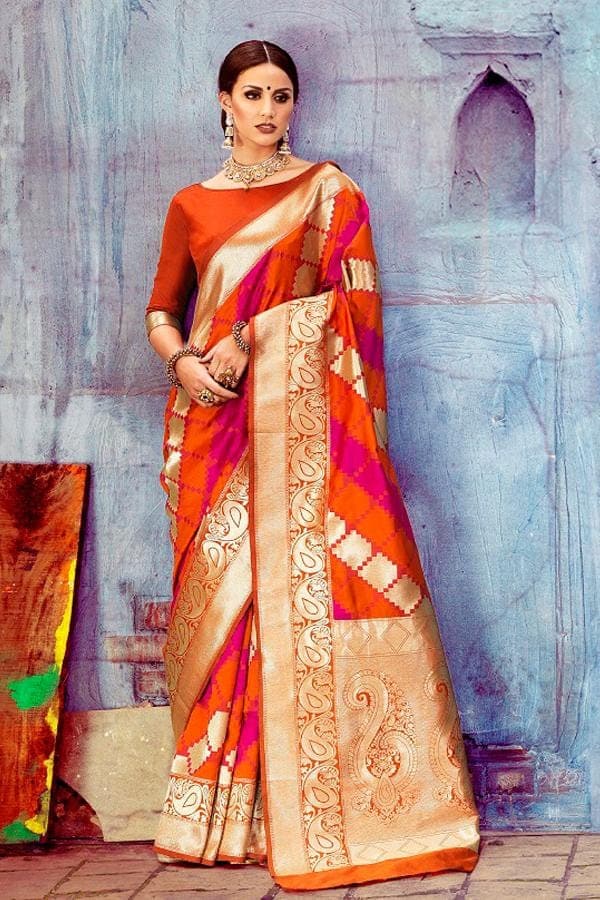 Sunrise orange Banarasi Brocade silk Saree - Buy online on Karagiri - Free shipping to USA