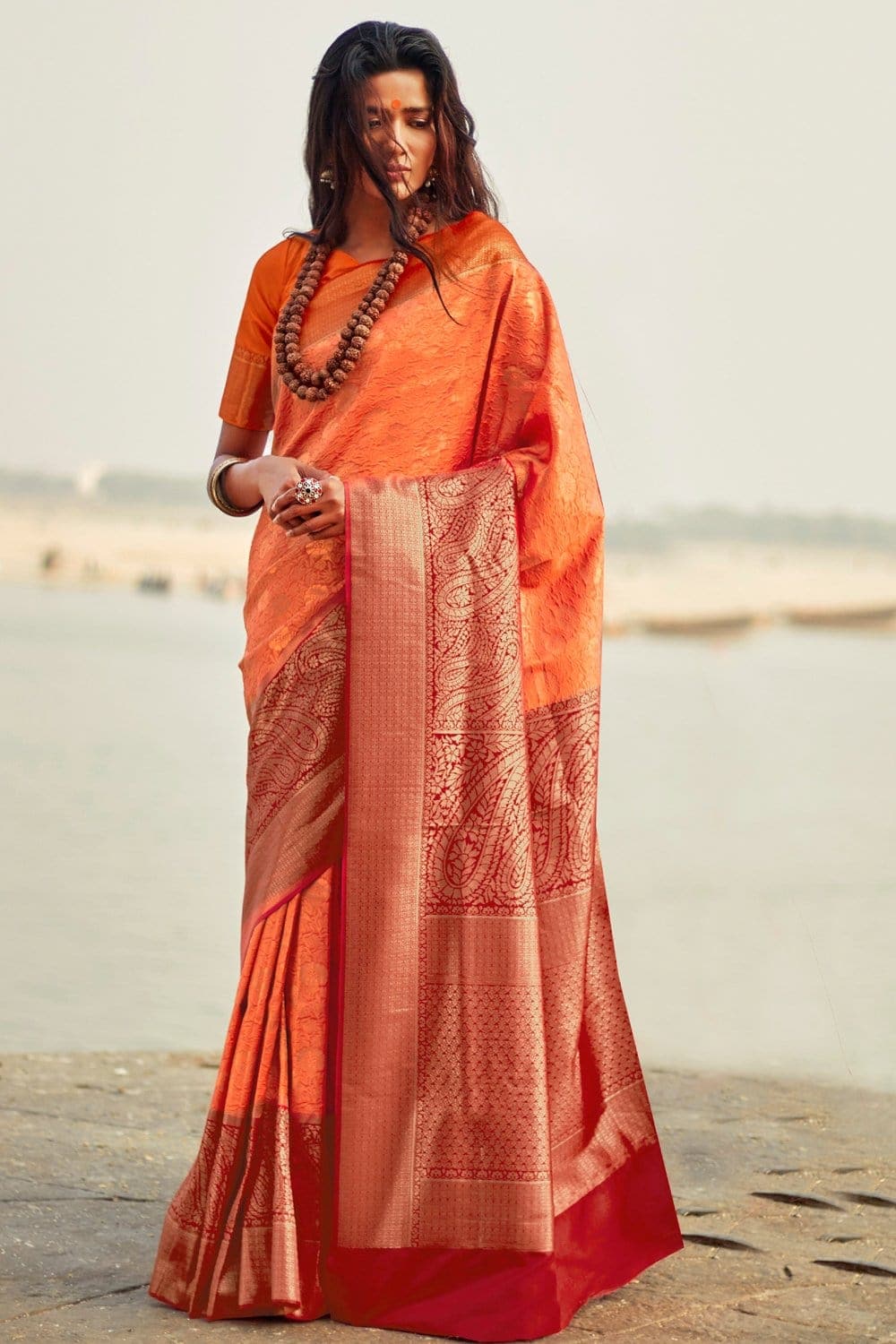 Sunrise orange woven Banarasi Kataan saree - Buy online on Karagiri - Free shipping to USA