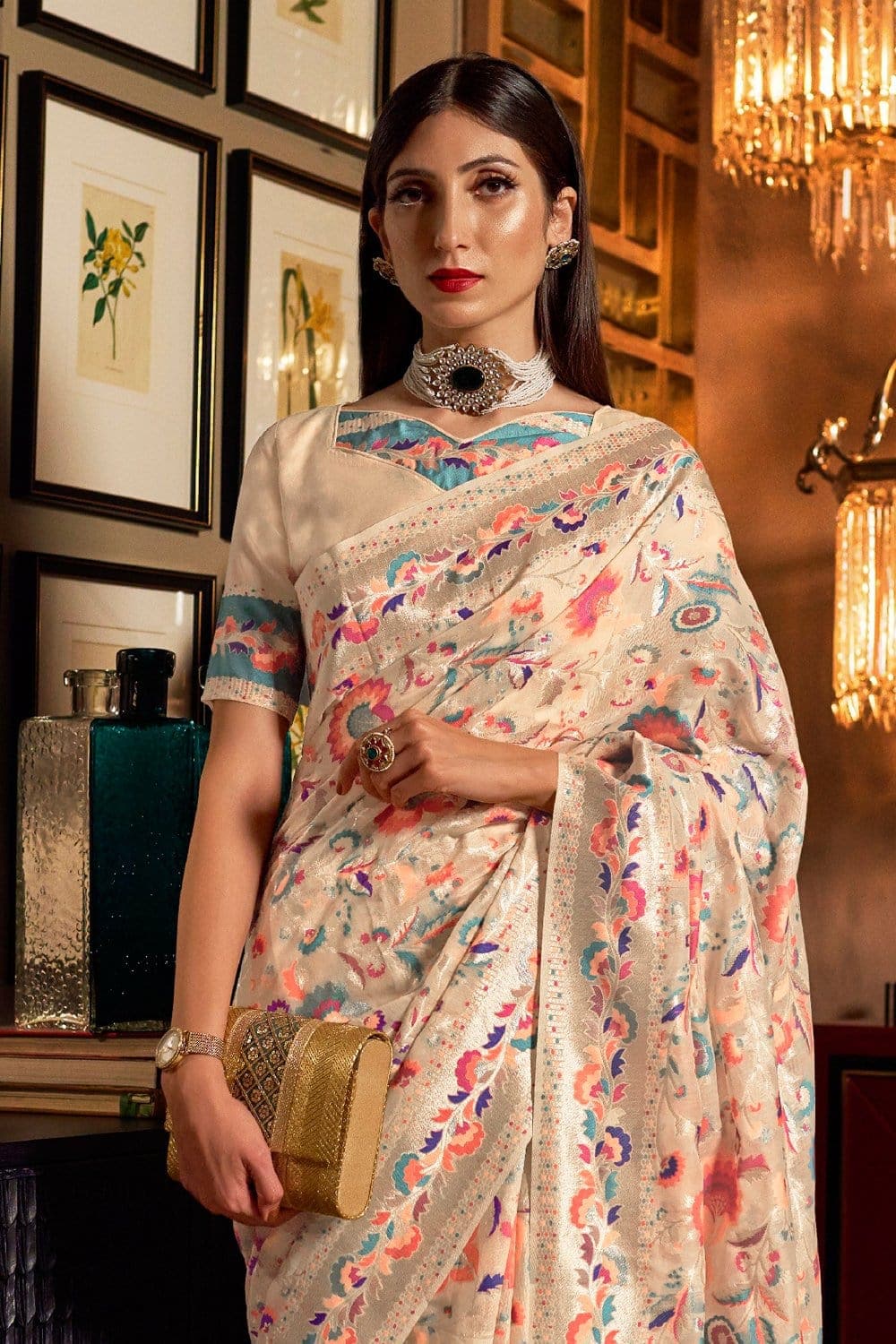 Buy Cream Muga Banarasi Saree Online in USA with Antique Zari Motifs – Pure  Elegance