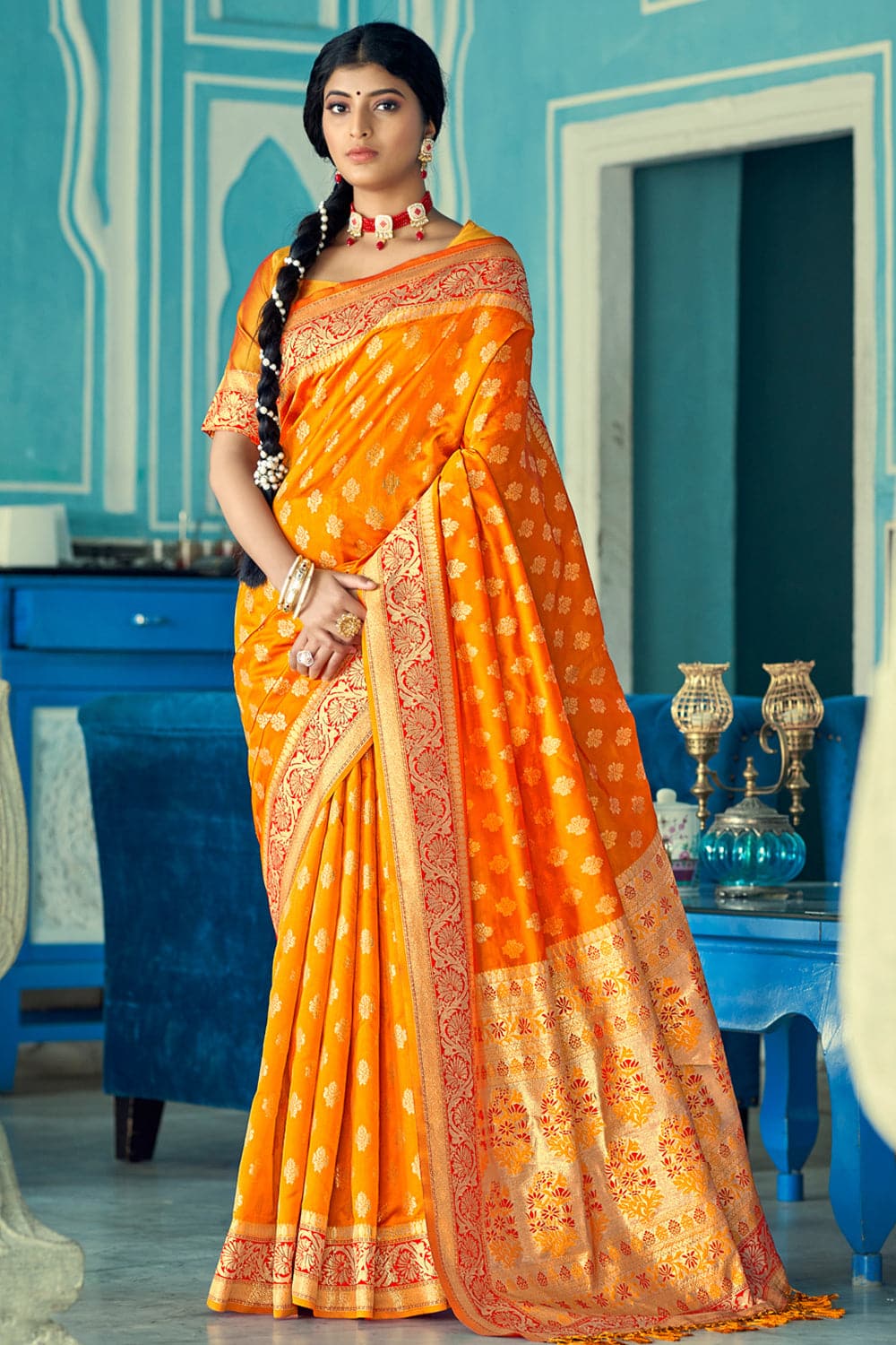 Buy Mimosa Orange Woven Banarasi Saree With Unstitched Blouse for Women  Online @ Tata CLiQ