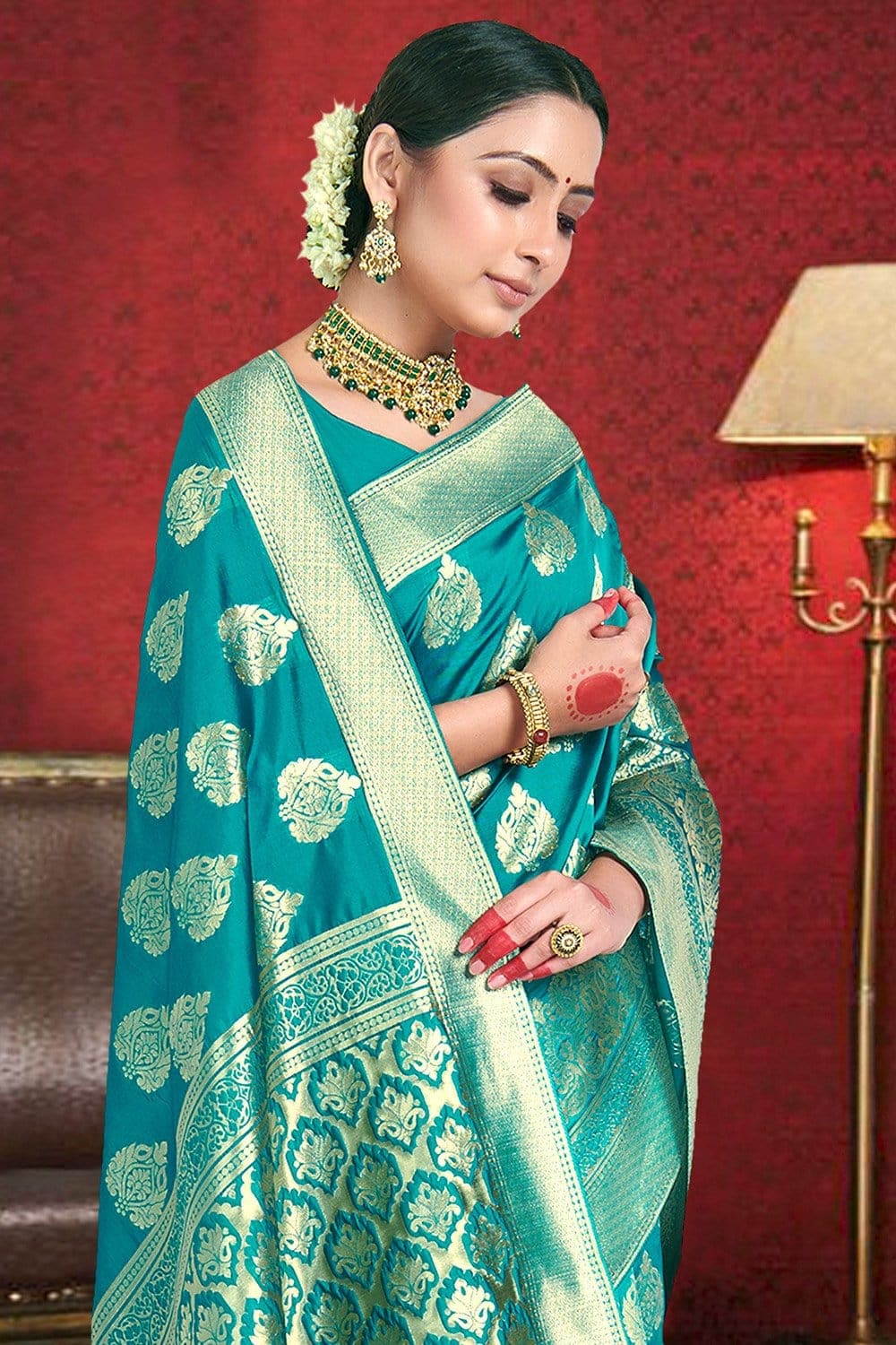 Teal Blue Printed Banarasi Saree