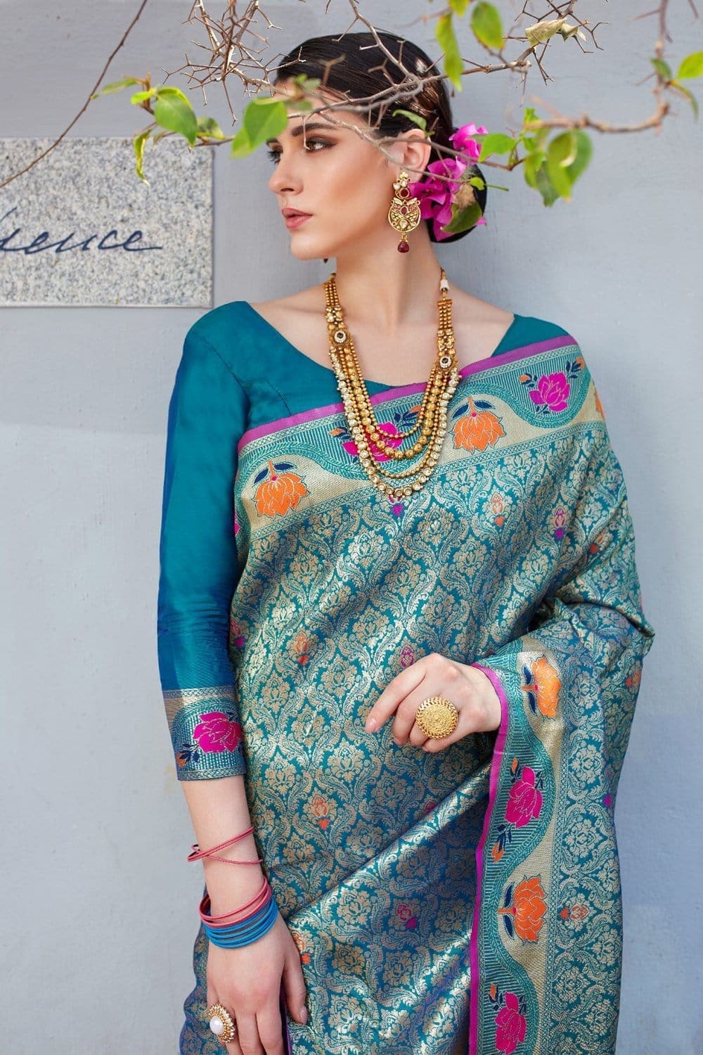 Teal blue woven Banarasi brocade saree - Buy online on Karagiri - Free shipping to USA