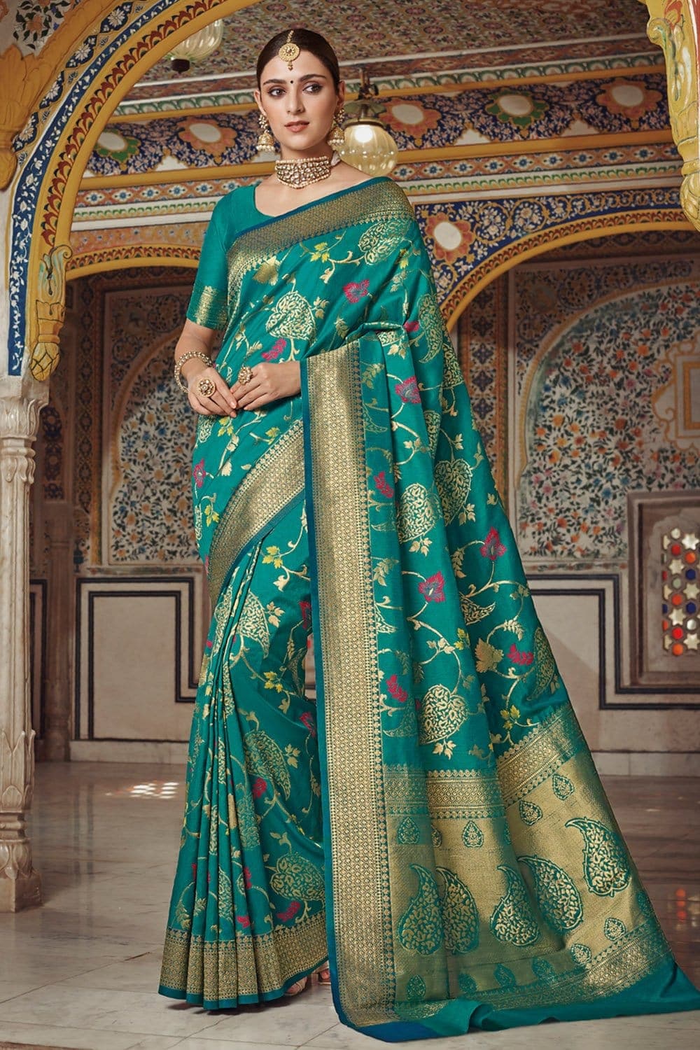 Teal blue woven banarasi brocade Saree - Buy online on Karagiri - Free shipping to USA