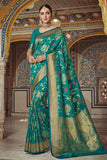 Teal blue woven banarasi brocade Saree - Buy online on Karagiri - Free shipping to USA