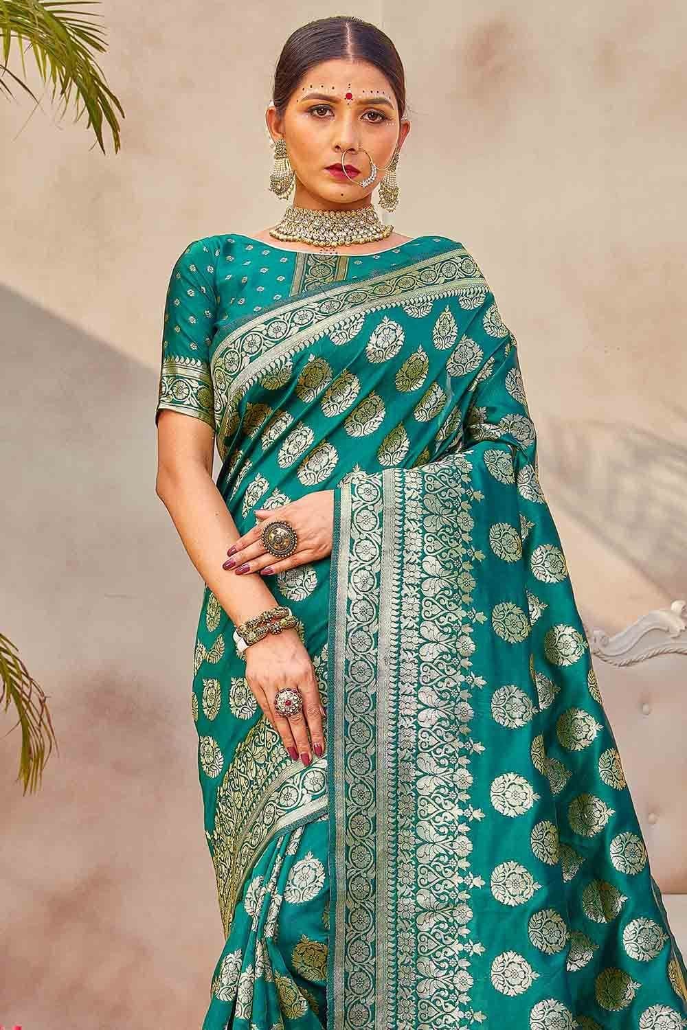 Banarasi Saree Teal Blue Zari Butta Woven Banarasi Saree saree online